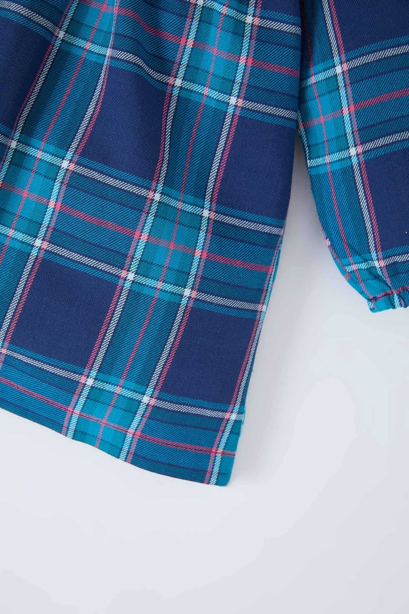 ديفاكتو فستان بيبي بناتي كاروهات فلانيل كم طويل بياقة كبيرة - Image 3